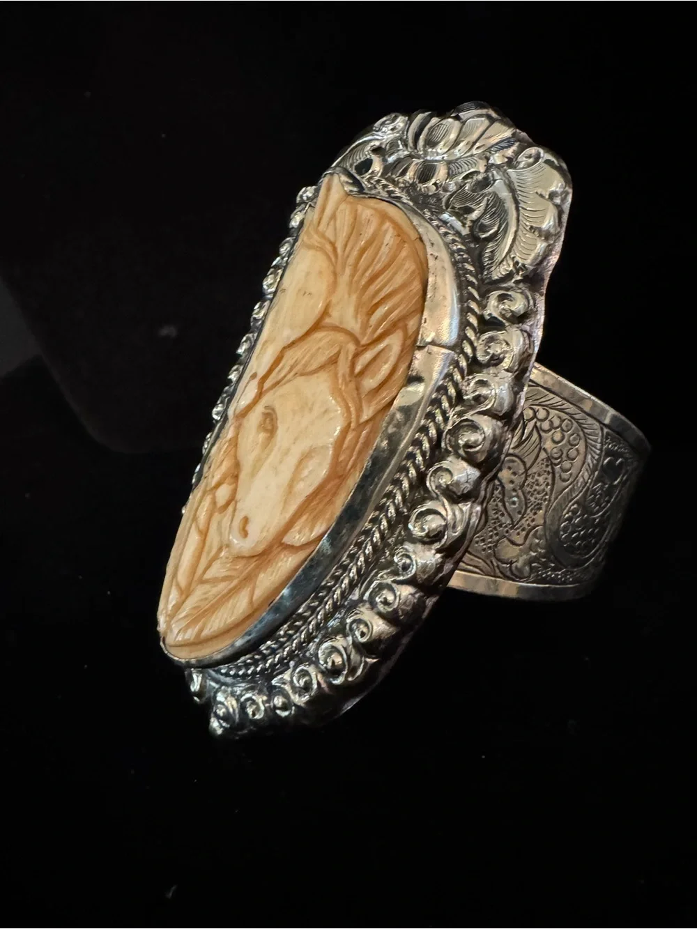 Hand-Carved Horse cuff bracelet in Ivory and Silver-Tone